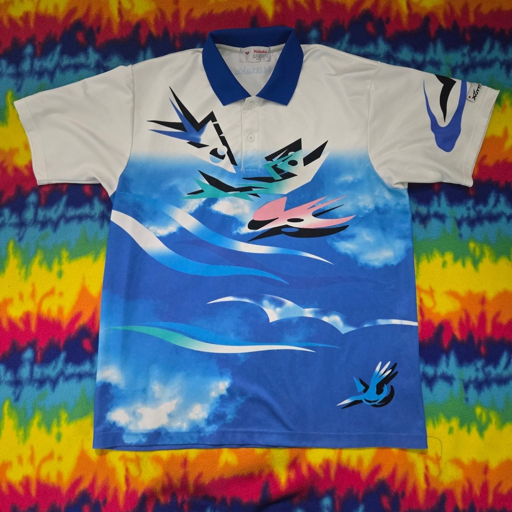 Vintage Nittaku Table Tennis Polo Shirt Made in Japan Blue Cloud Print Mens L